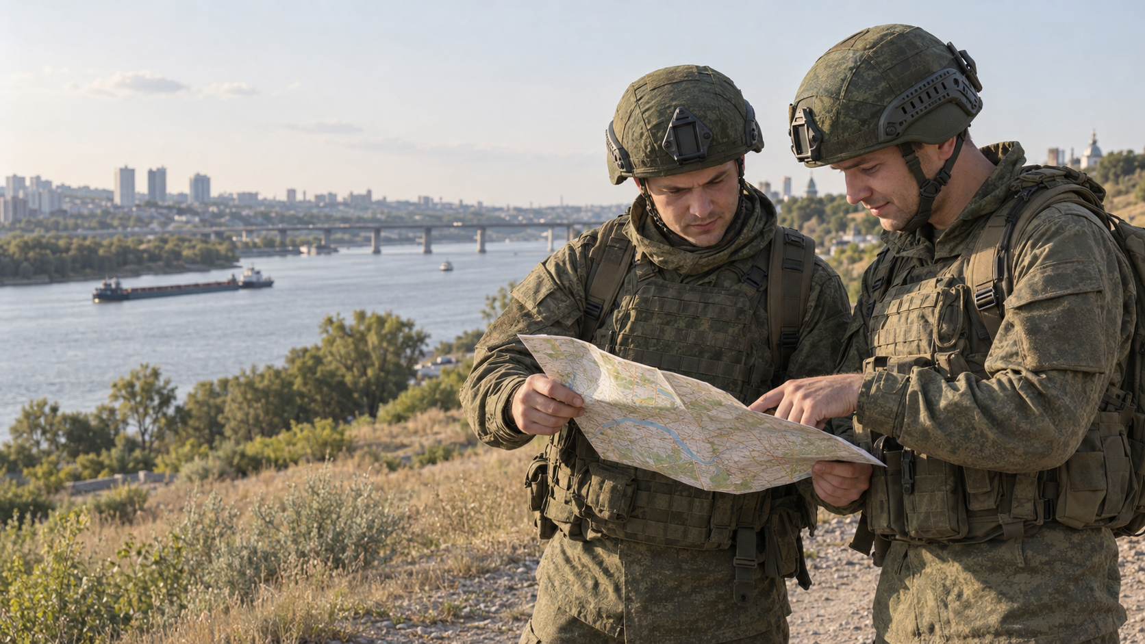 Два военнослужащих изучают карту у реки Дон